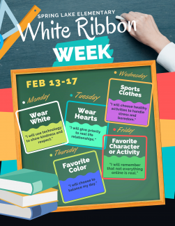 Mon, Feb 13th (wear white): "I will use technology to show kindness and respect." Tue, Feb 14th (wear hearts): "I will give priority to real life relationships." Wed, Feb 15th (favorite sports/exercise): "I will choose healthy activities to handle stress and boredom." Thur, Feb 16th (favorite activity or color): "I will choose to balance my day." Fri, Feb 17th (favorite character): "I will remember that not everyting online is real."