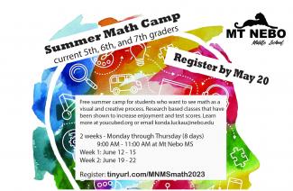 We are having a math camp this summer at Mt Nebo Middle School. It is open to current 5th, 6th, and 7th graders. The camp is focused on building number sense, so it is open to all math abilities. 