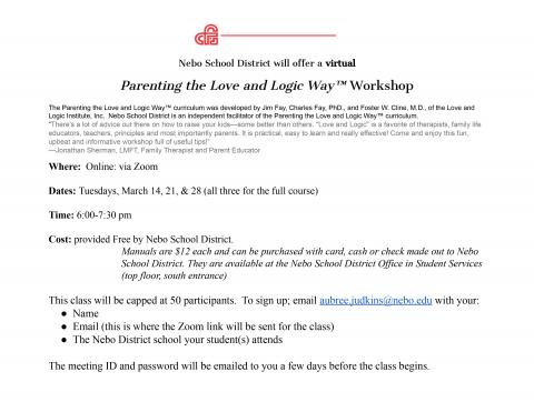 Nebo School District in partnership with Spanish Fork City presents a virtual Love and Logic Parenting Workshop.  “There's a lot of advice out there on how to raise your kids – some better than others. ‘Love and Logic’ is a favorite of therapists, family life educators, teachers, principals, and most importantly parents. It is practical, easy to learn, and really effective! Come and enjoy this fun, upbeat, and informative workshop full of useful tips!” – Jonathan Sherman, LMFT, Family Therapist and Parent E