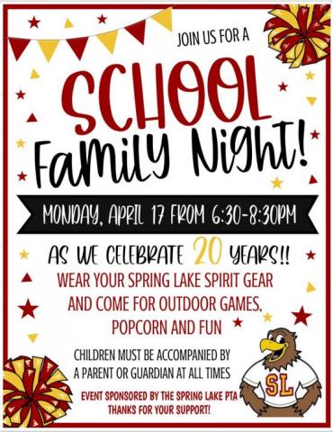 School Family Night tonight!  Yard Games from 6:30-8:30  Students MUST be accompanied by a guardian at all times