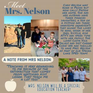 Mrs. Nelson will be teaching SPED at Spring Lake