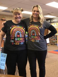 Mrs. Davis and Mrs. Hall dressed up for Tuesday,  2-22-22.
