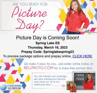 Spring Lake Elementary Thursday, March 16, 2023 Prepay Code: Springlakespring23  Order online here: https://www.bellphoto.com/Custo
