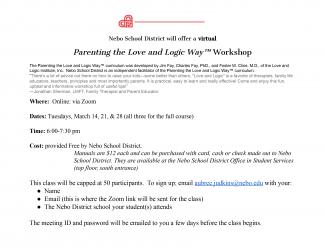 Nebo School District in partnership with Spanish Fork City presents a virtual Love and Logic Parenting Workshop.  “There's a lot of advice out there on how to raise your kids – some better than others. ‘Love and Logic’ is a favorite of therapists, family life educators, teachers, principals, and most importantly parents. It is practical, easy to learn, and really effective! Come and enjoy this fun, upbeat, and informative workshop full of useful tips!” – Jonathan Sherman, LMFT, Family Therapist and Parent E